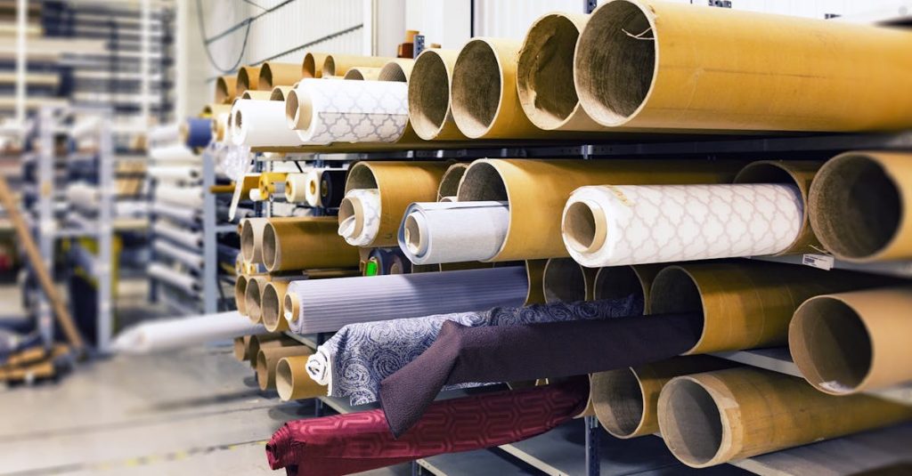 Rows of textile rolls stored in a factory for industrial manufacturing.